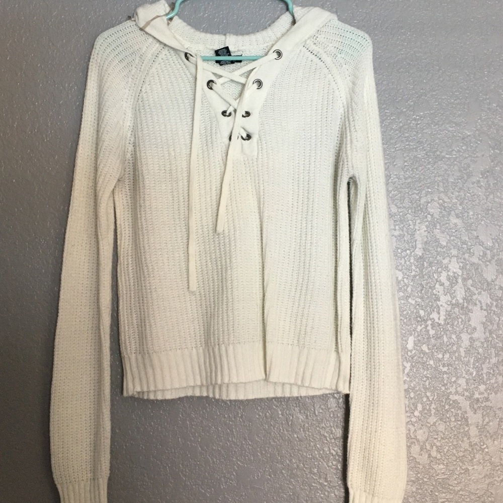 RUE 21 CREAM LACE UP SWEATER